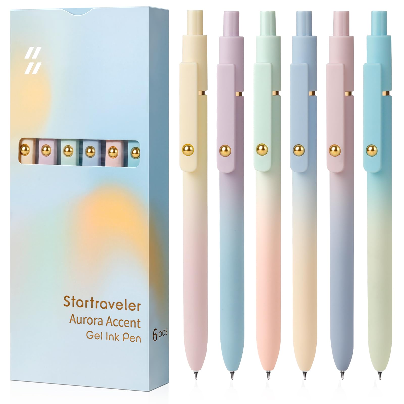 FIOVER Gel Pens, 6 Pcs, 0.7 mm, Comfort Grip, Quick Drying, Black Ink, Fine Point, Smooth Writing, Cute Office, School Supplies, Gifts for Women (6 Pcs Gradient Ink)
