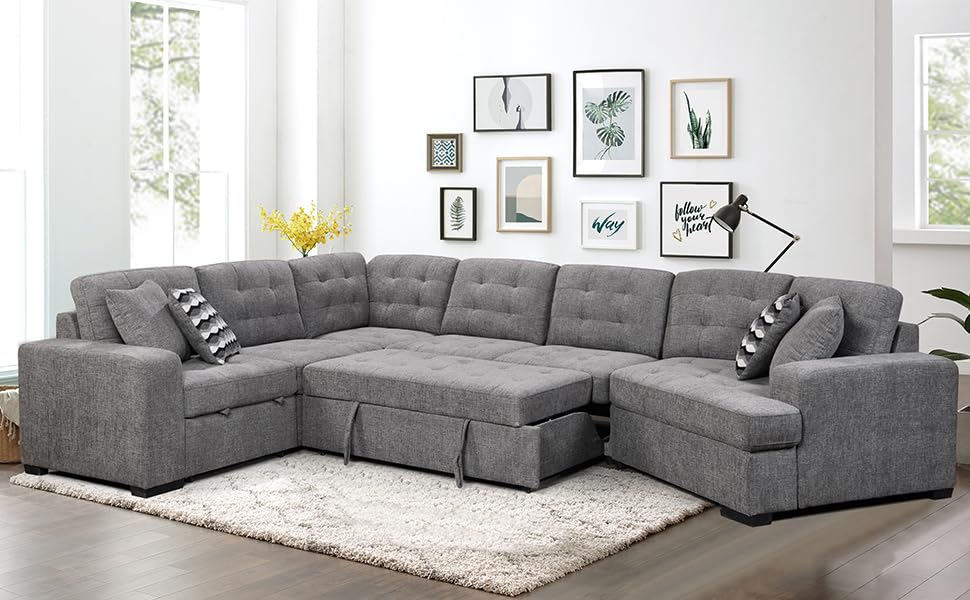 THSUPER 149 Inch Oversized Sectional Sleeper Sofa with Pull Out Beds in Grey