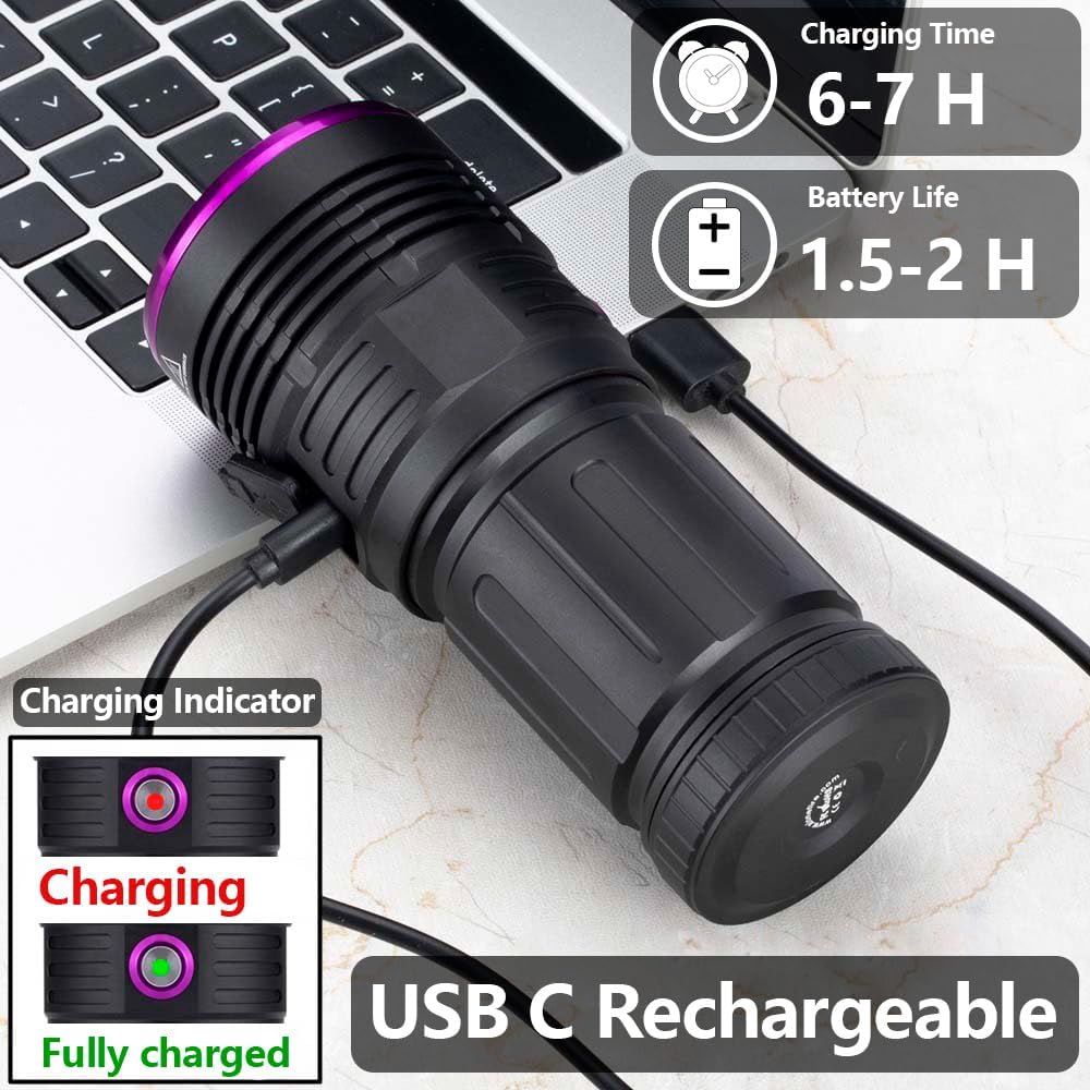 ALONEFIRE SV84 UV flashlight connected to a laptop via USB-C for charging, showing charging indicator