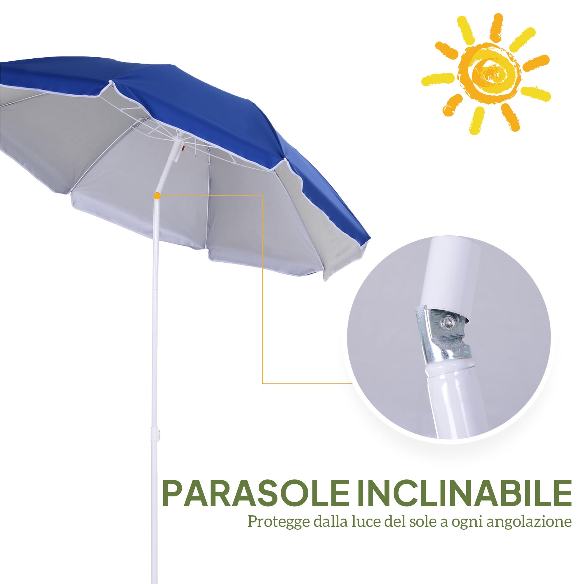 Outsunny Ombrellone da Spiaggia Ø1.6x2 m con Tettuccio Reclinabile, Ombrellone da Spiaggia Portatile con 8 Stecche, Borsa da trasporto e Design a 3 Sezioni in Metallo e Poliestere, Protezione UV, Blu