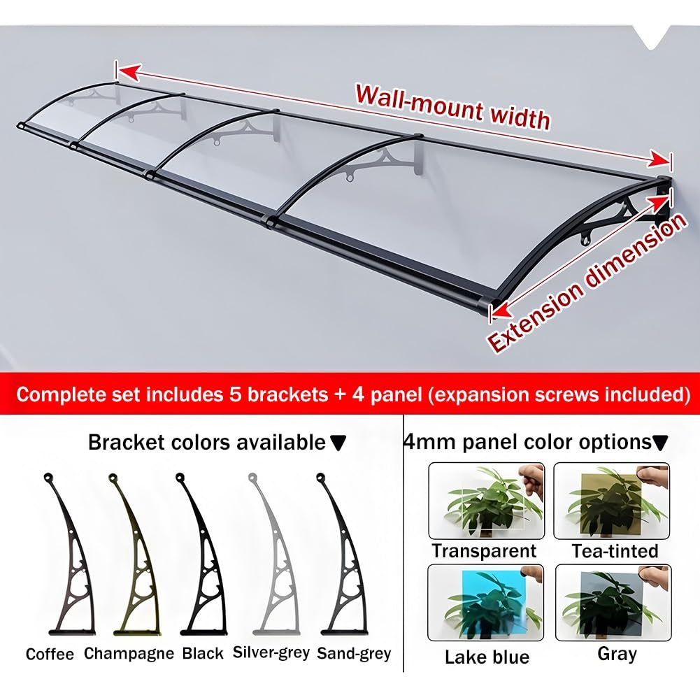 Tenda a baldacchino in policarbonato con staffa in alluminio, protezione UV per tutte le stagioni, protezione da pioggia e neve, per veranda e patio, 80 x 240 cm, design trasparente