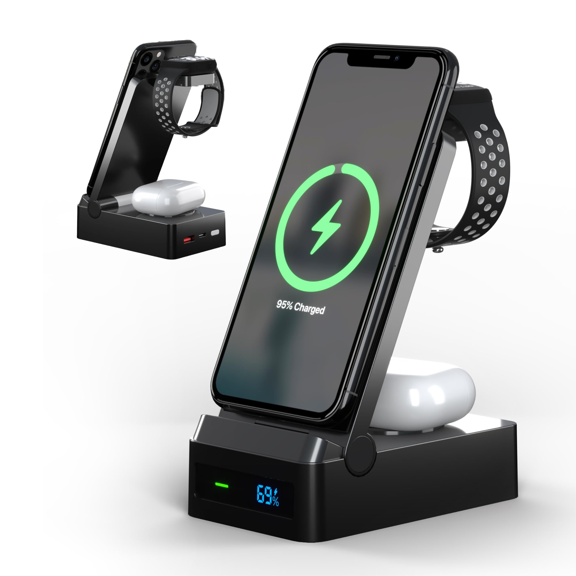 5-in-1 Wireless Charging Station Portable Phone Charger Stand with 10 000mAh Power Bank for iPhone Apple Watch and
