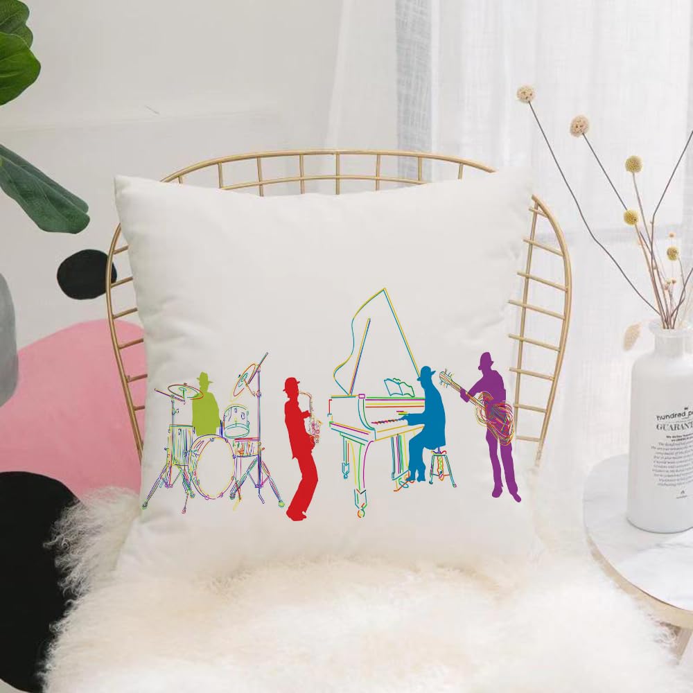 HYOSXW Cushion Cover,Throw Pillow Case Home Decorative for Living Room Bedroom Sofa Chair 16X16 Inch,Jazz Music Decor,Vibrant Colored Jazz Band with Instruments Mo,Pillowcase 40X40cm