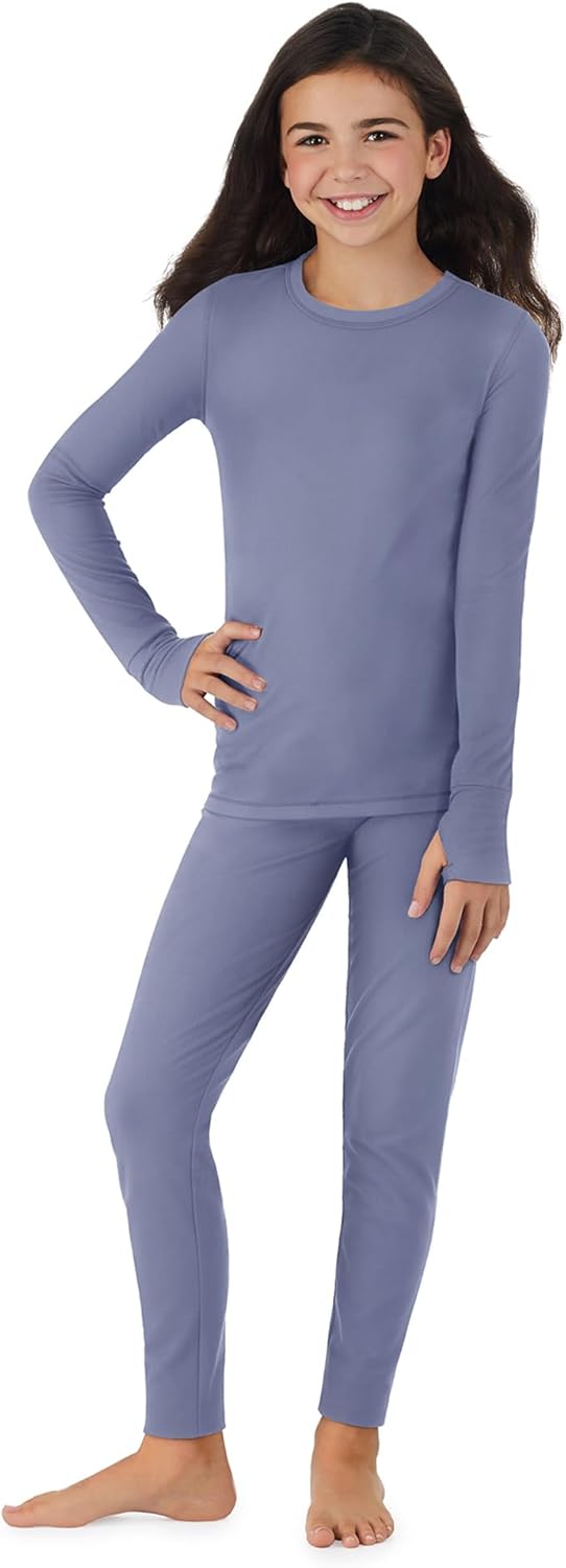 Cuddl Duds Girls Cold Weather Fleece-Lined Thermal Underwear 2-Piece Set - Kids Long Sleeve Top and Leggings Long Johns