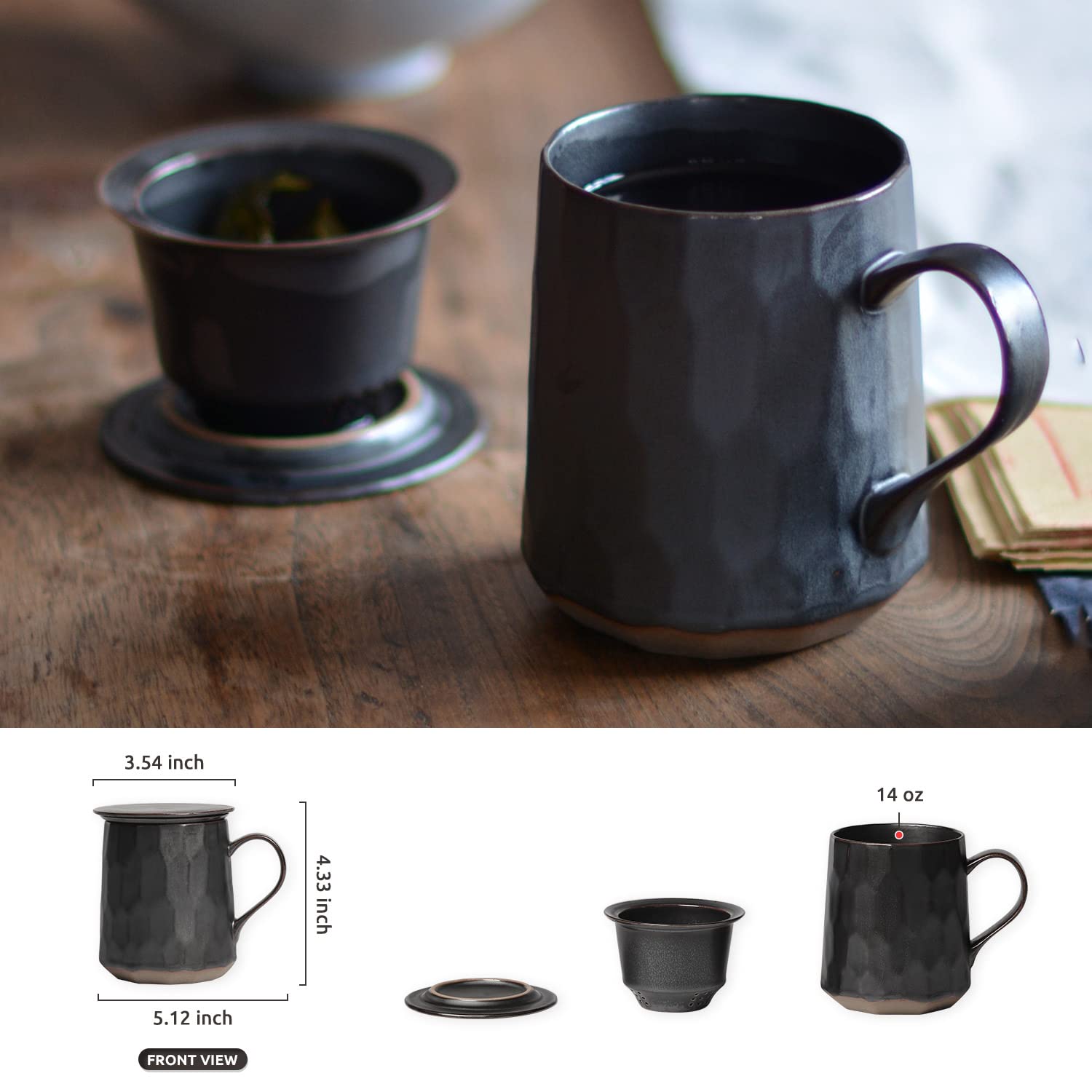 Tasse à thé en poterie avec infuseur et couvercle, tasse à infusion en grès avec filtre à panier, tasse à thé en céramique avec filtre pour la maison et le bureau, aspect géométrique