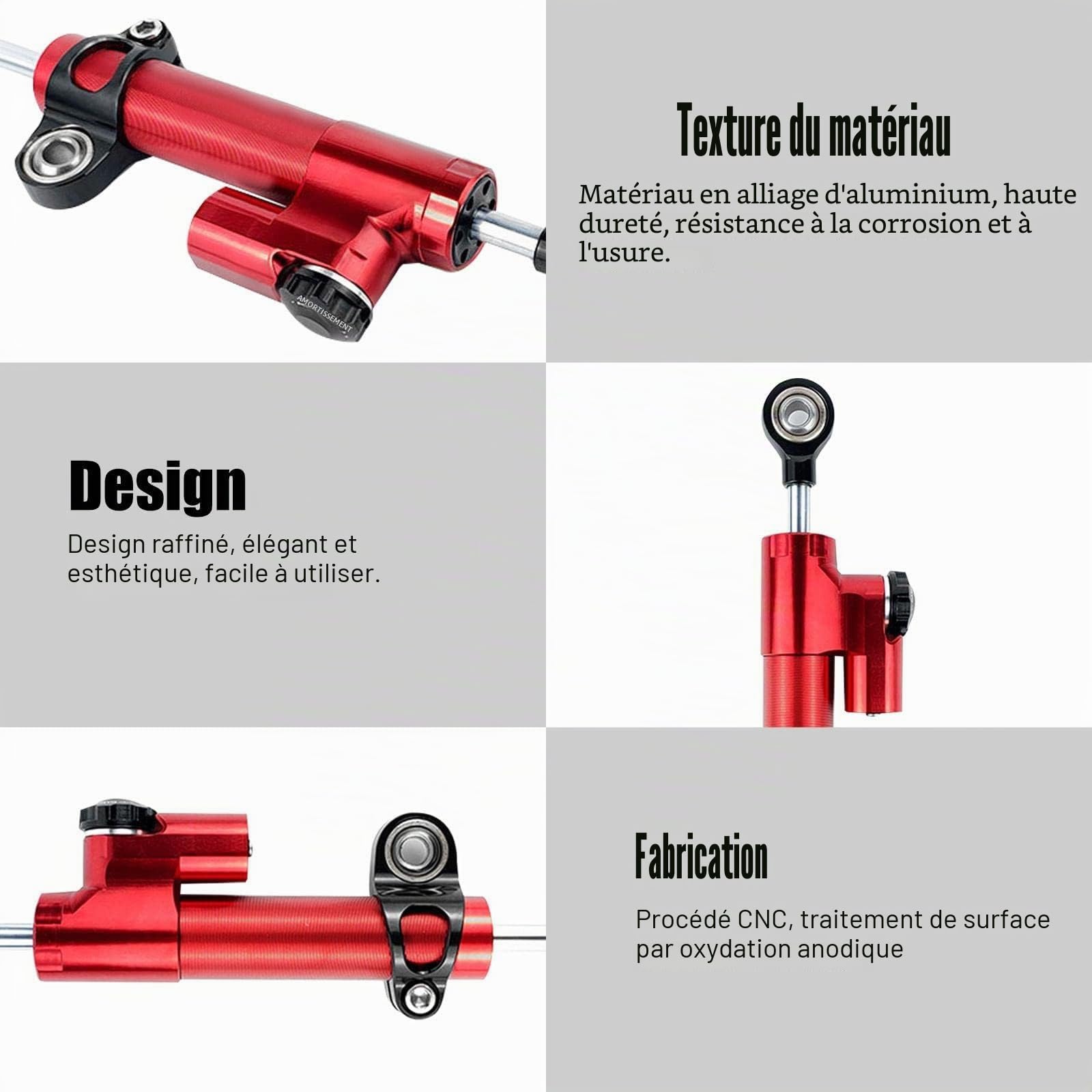 Amortisseur de direction, Stabilisateur d'amortisseur de direction universel, Stabilisateur d'amortisseur de direction universel en alliage d'aluminium pour la plupart des motos(rouge et noir)