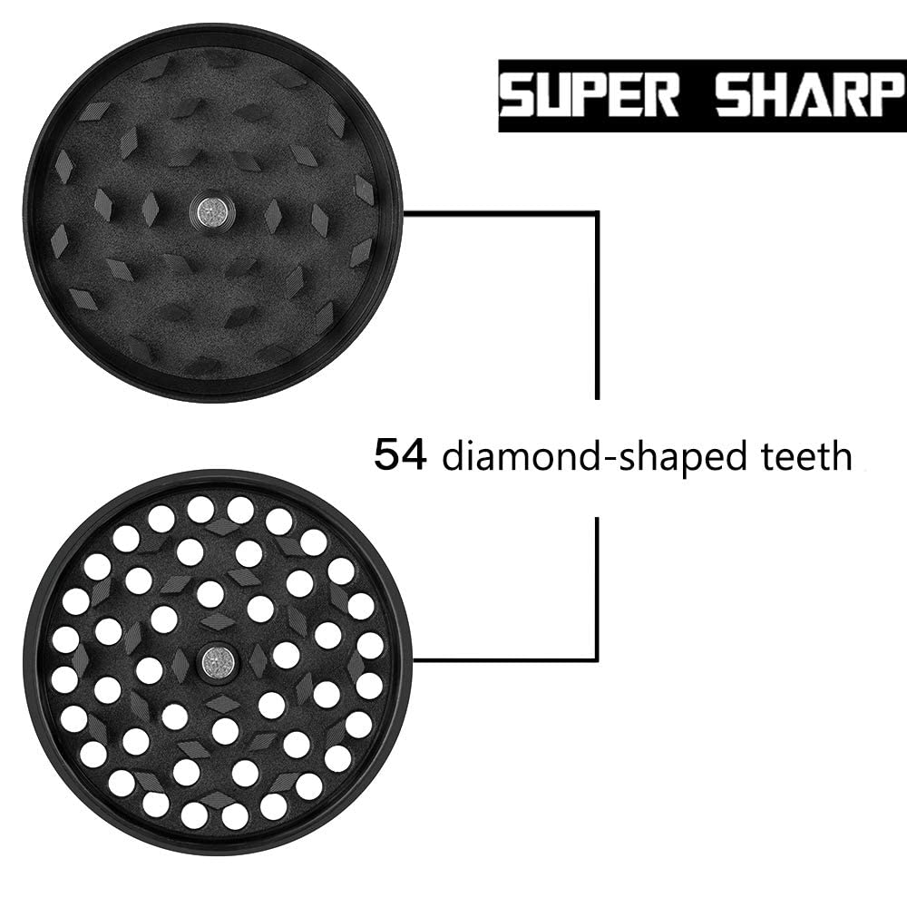 iLC Grinder pour Spice, Herb Moulin Broyeur Avec Pollen Catcher 2 Pouce- Fabriqué en Alliage de zinc durable - 4 Pièces - dents en forme de diamant (Noir)