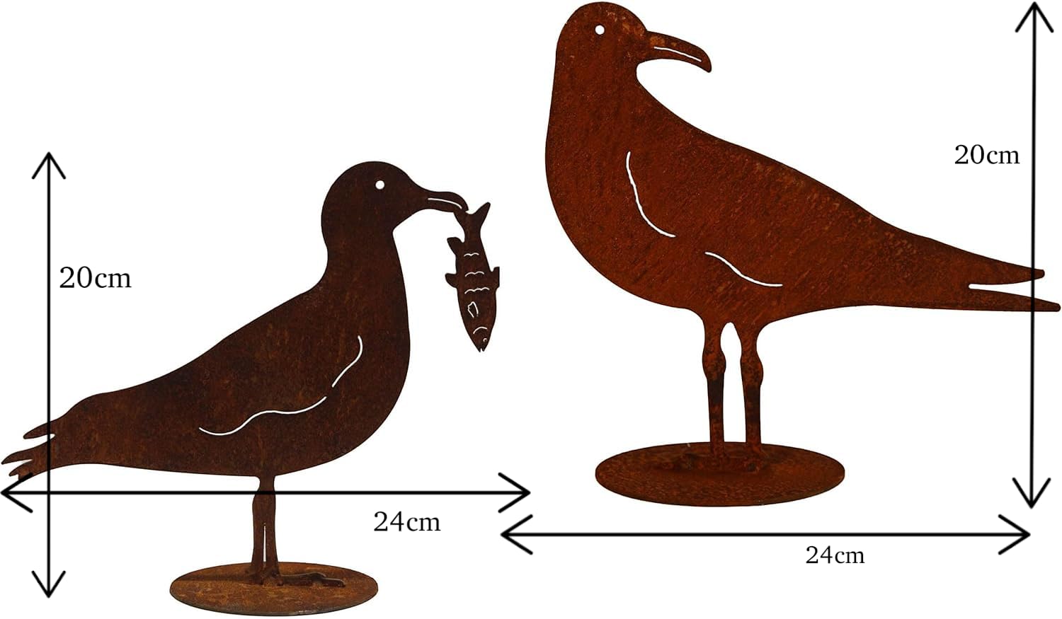 Bornhöft 2er Set Edelrost Dekoration Rost Möwe Maritime Figur für den Außenbereich Dekomöwe auf Bodenplatte rostige Deko Eisen mit Fisch im Schnabel (Möwen Set C)