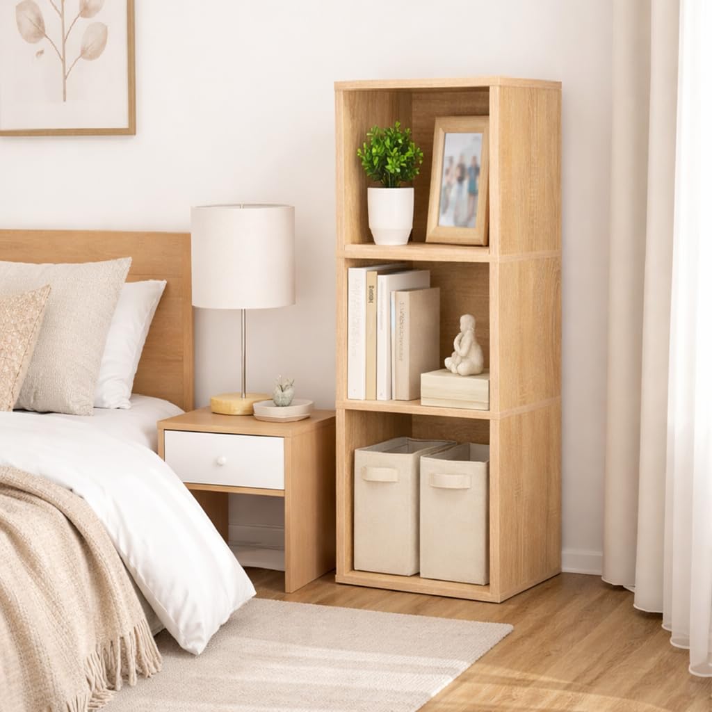 Cube Storage Shelf, 3 Cube Storage Organizer, 3 Tier Bookshelf Small Bookcase, Wooden Book Shelf for Bedroom, Small Bookshelf for Living Room and Office (Natural, 3 Cube)