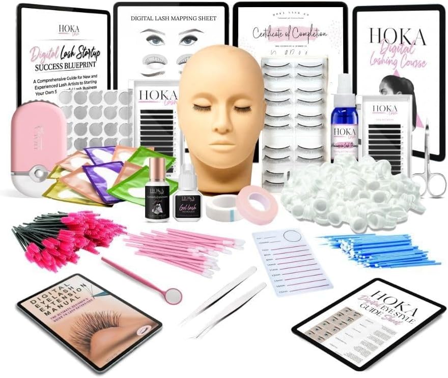 Hoka Lash Eyelash Extension Kit & Training Course and Certification, Professional Lash Extension Kit for Beginners Includes Practice Mannequin Head, Lash Trays, Glue, Tweezers, Fan & More