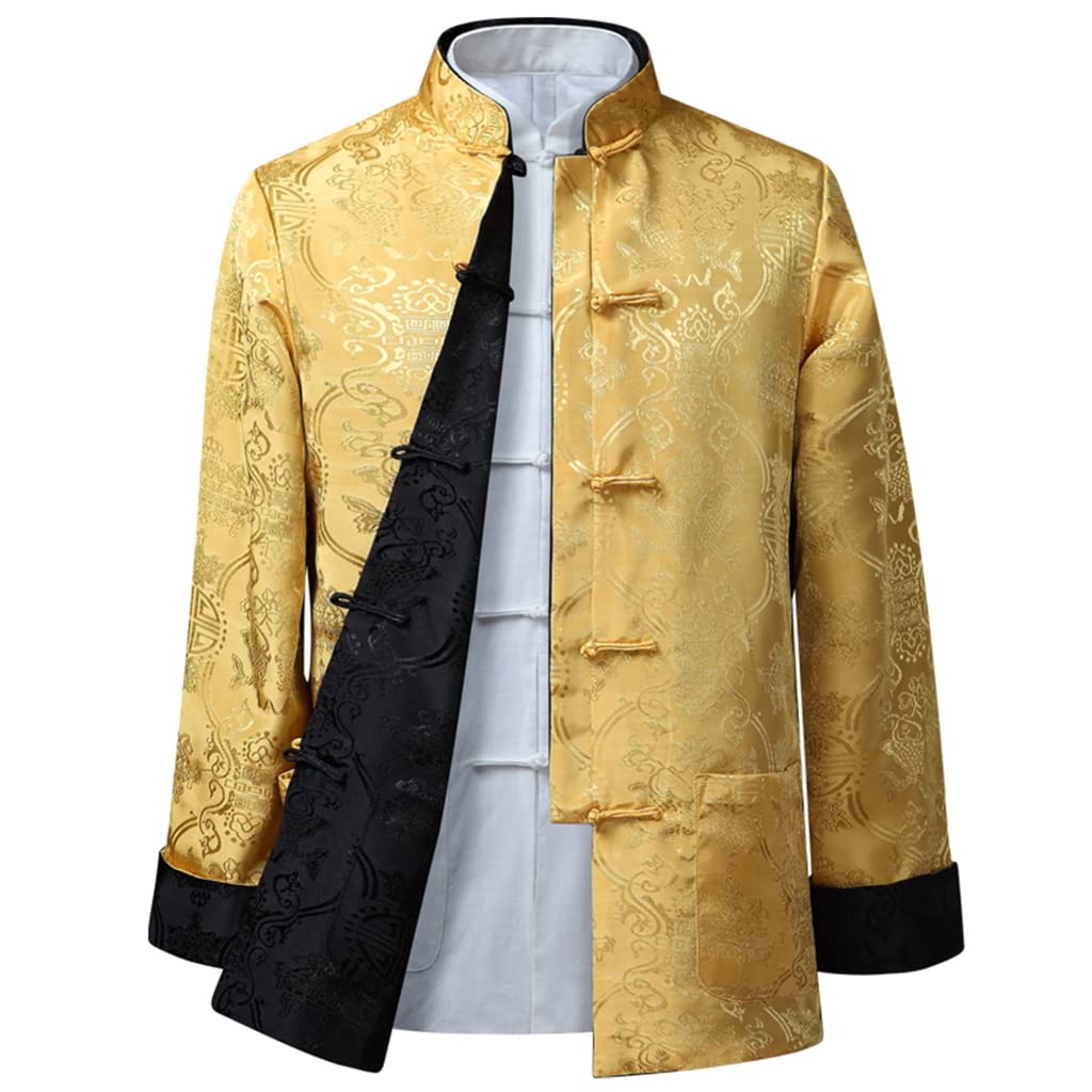 Costume Tang pour Hommes, Veste réversible, vêtements Traditionnels Chinois, Chemise de Kung Fu, Uniforme à Manches Longues(Jaune-Large-X-Large