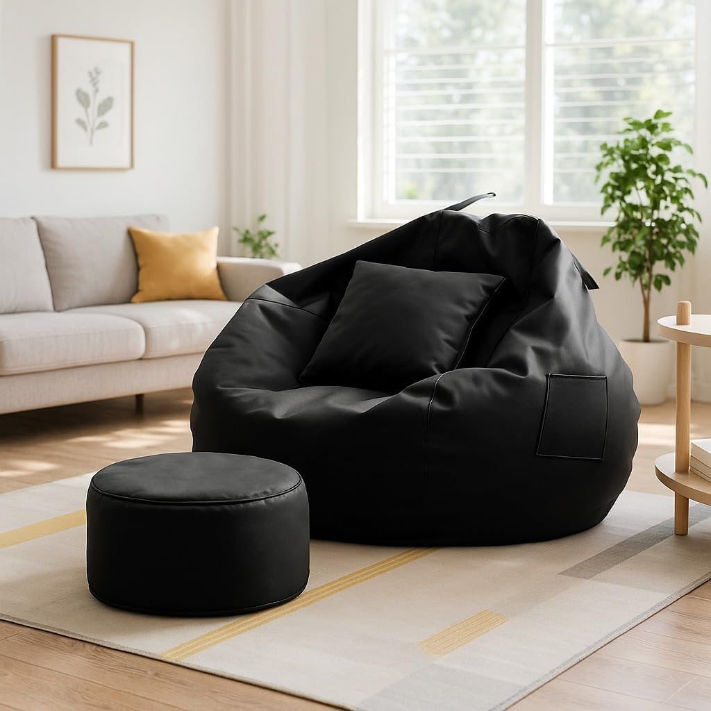 Bean Bag with Footrest & Cushion | XXXXXL Size Premium Leatherette Bean Bag for Gaming, Living Room & Bedroom Comfort (5XL - Black)-image-36