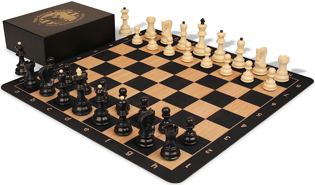 Zagreb Plastic Chess Set Black & Aged Ivory Pieces with Extra Queens, Macassar Ebony & Maple Floppy Chess Board & Box - 3.75" King