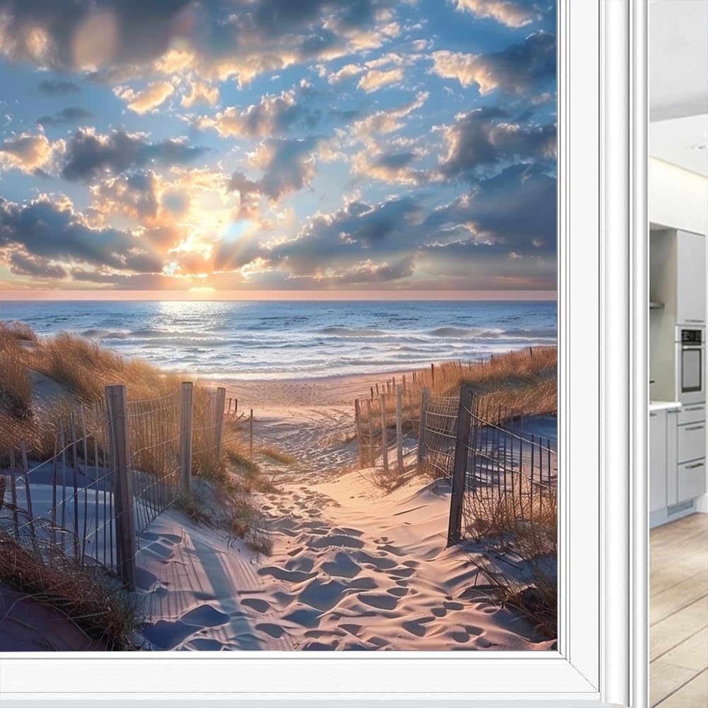 Retro Coastal Beach Window Privacy Film, Beautiful Sea Sand Dunes Sunrise Frosted Stained Glass Window Film Decorative Static Cling for Glass for Home 60x90 cm