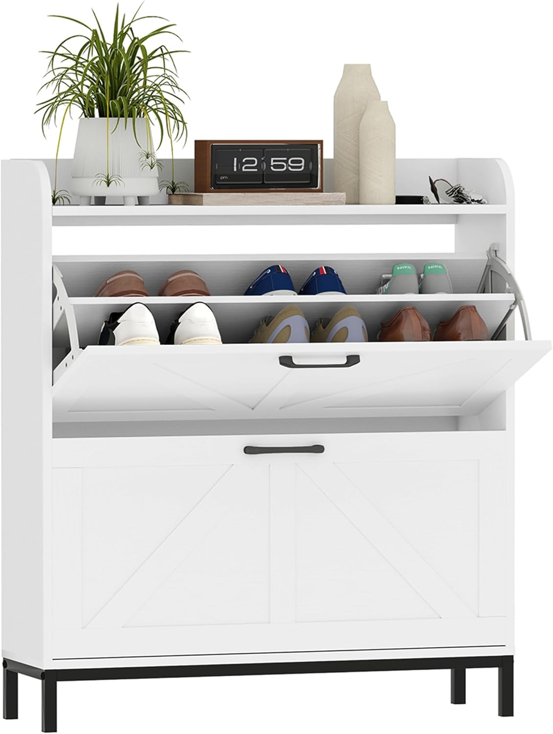 HOMCOM Shoe Storage Cabinet with 2 Flip Drawers, Legs, Farmhouse Freestanding Narrow Shoe Cabinet, Slim Hidden Rack Organizer for Entryway, Hallway, White Wood Grain