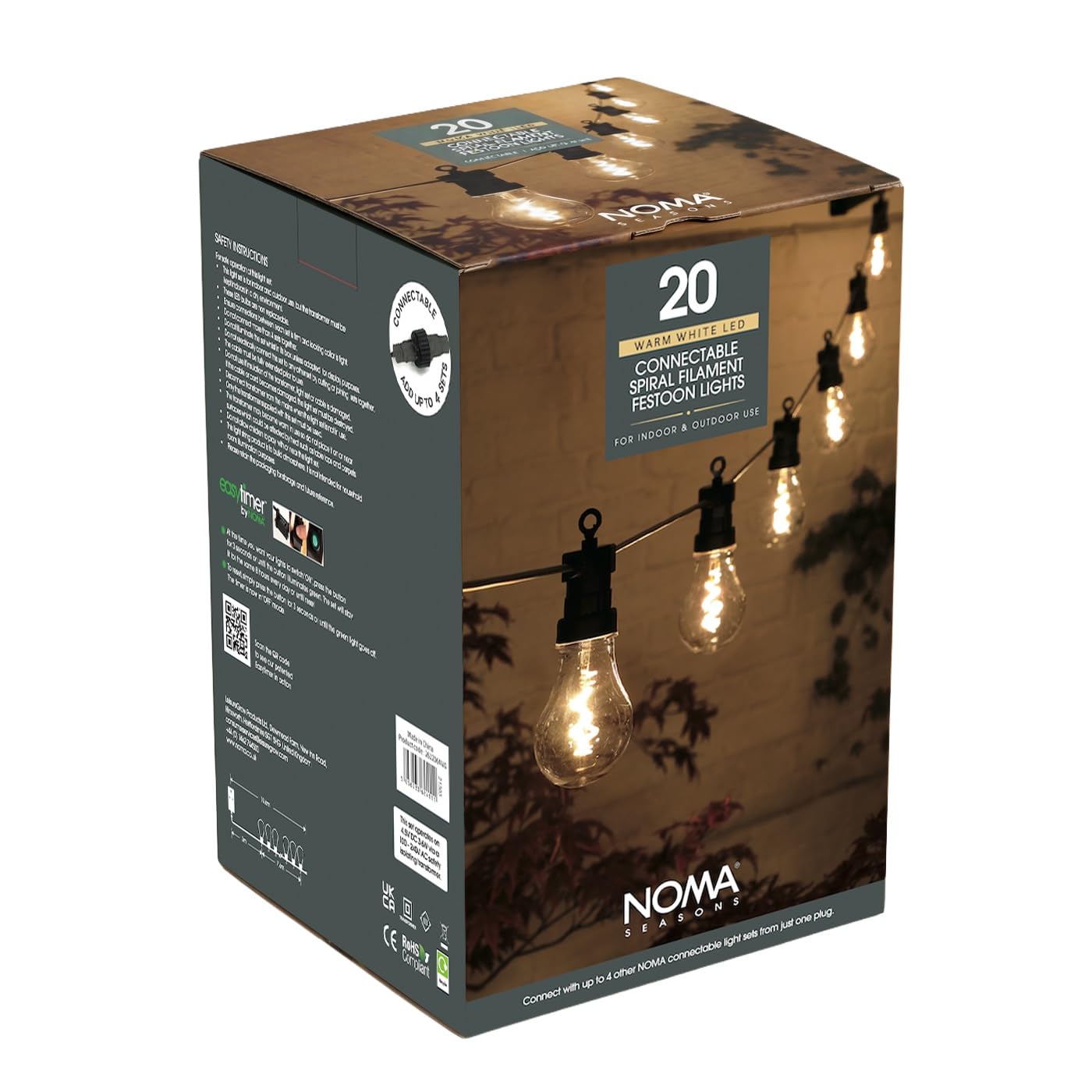 Noma Black/Clear Connectable Festoon Lights, 20 Spiral Filament Led Bulbs, 10.6 M