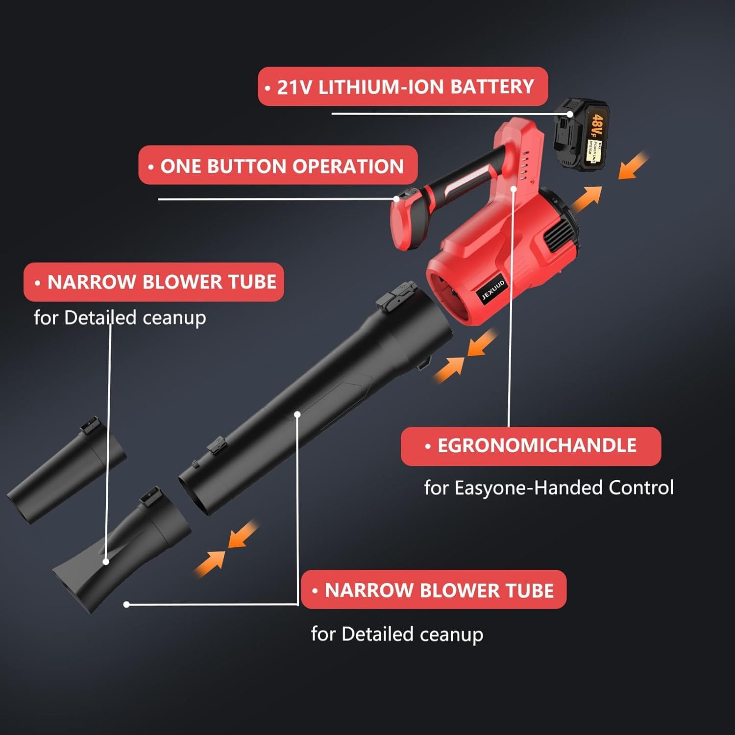 Soffiatore Per Foglie Da Giardino A Batteria, Aspiratore-trituratore Da 21v | con 2 batterie da 4000 mAh, 3 velocità, portata d'aria di 12 m³/min, 21.000 giri/min e 2 tipi di bocchette; per patii(red)