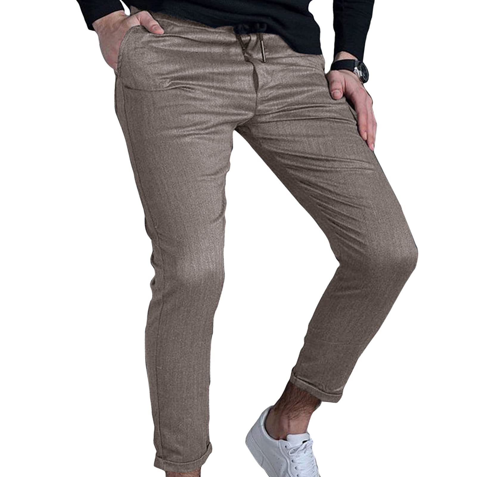 Maiyifu-GJ Men's Striped Elastic Waist Drawstring Pants Slim Fit Tapered Chino Pant Mid Waist Bussiness Dress Trousers (Brown,3X-Large)