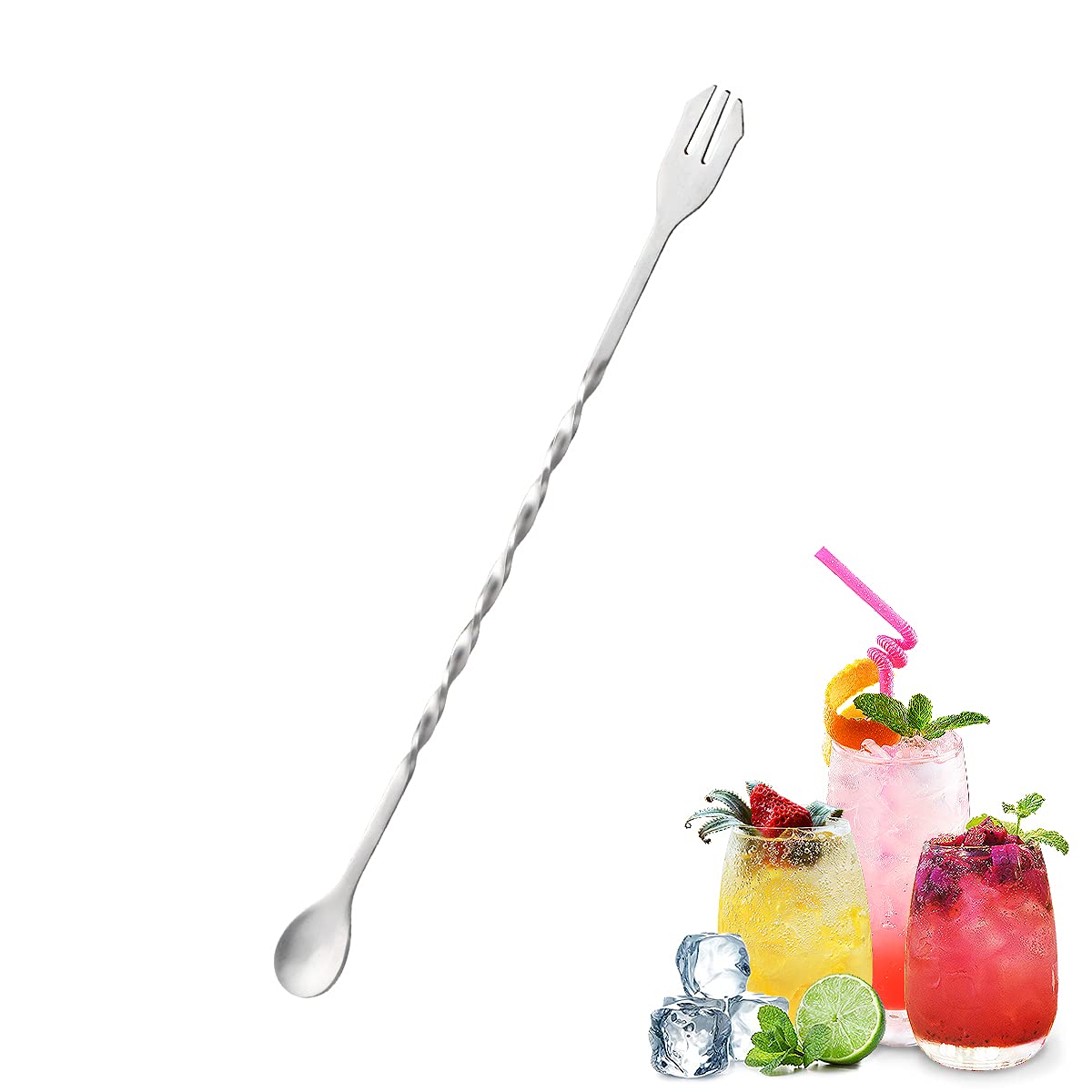 Wepikk Bar Spoon Cocktail Mixing Spoon Bar Stirring Spoon Drink Stirrers Fruit Fork 1 Pcs Stainless Steel Bar Set Bartender kit 10 Inch Spiral Pattern Long Handle