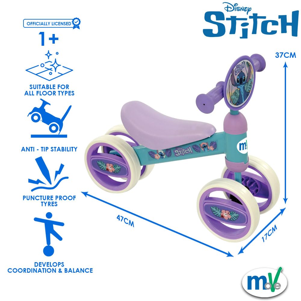 Disney Stitch 77770 Tricycle pour bébé 47 x 25 x 37 cm, Max. 15 kg + 1 an, 3 Roues Anti-crevaison, siège Ergonomique, Structure Stable, Design coloré, vélo sans pédales