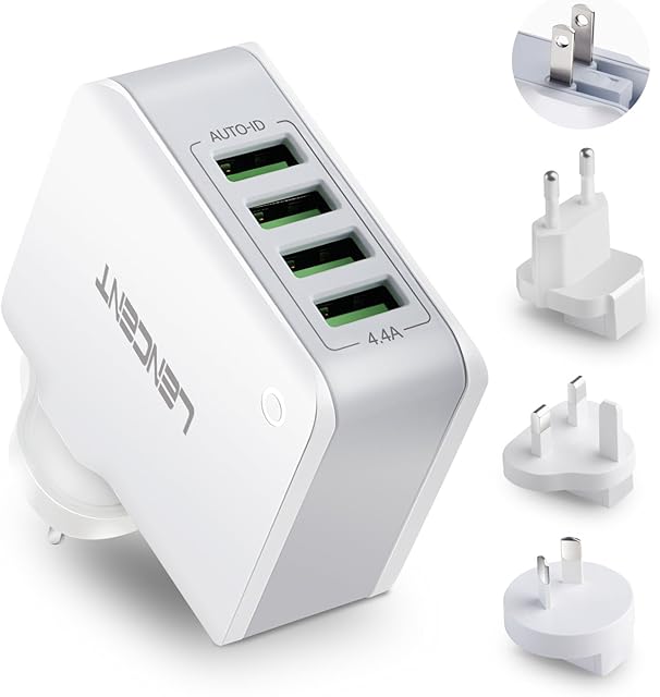 Lencent USB Charger Plug, 4-Port USB Universal Travel Adaptor Plug, 22W/5V 4.4A Wall Charger Worldwide Travel Charger Adapter for iPhone, iPad, Android, Tablets and More