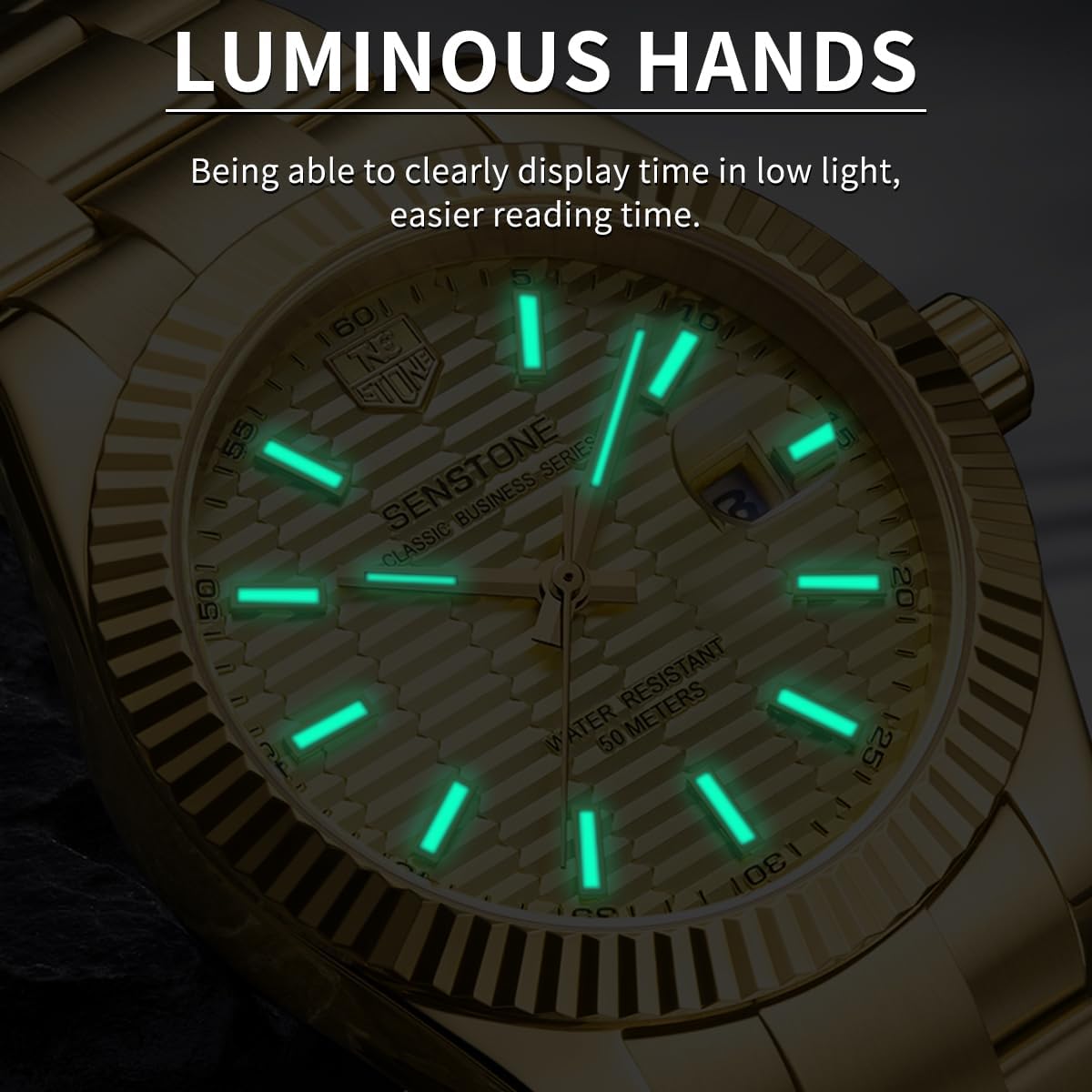 senstone Watches for Men, Luxury Classic Business Dress Quartz Watch Stainless Steel Strap Analog Waterproof with Luminous Large Dial Calendar - Image 3