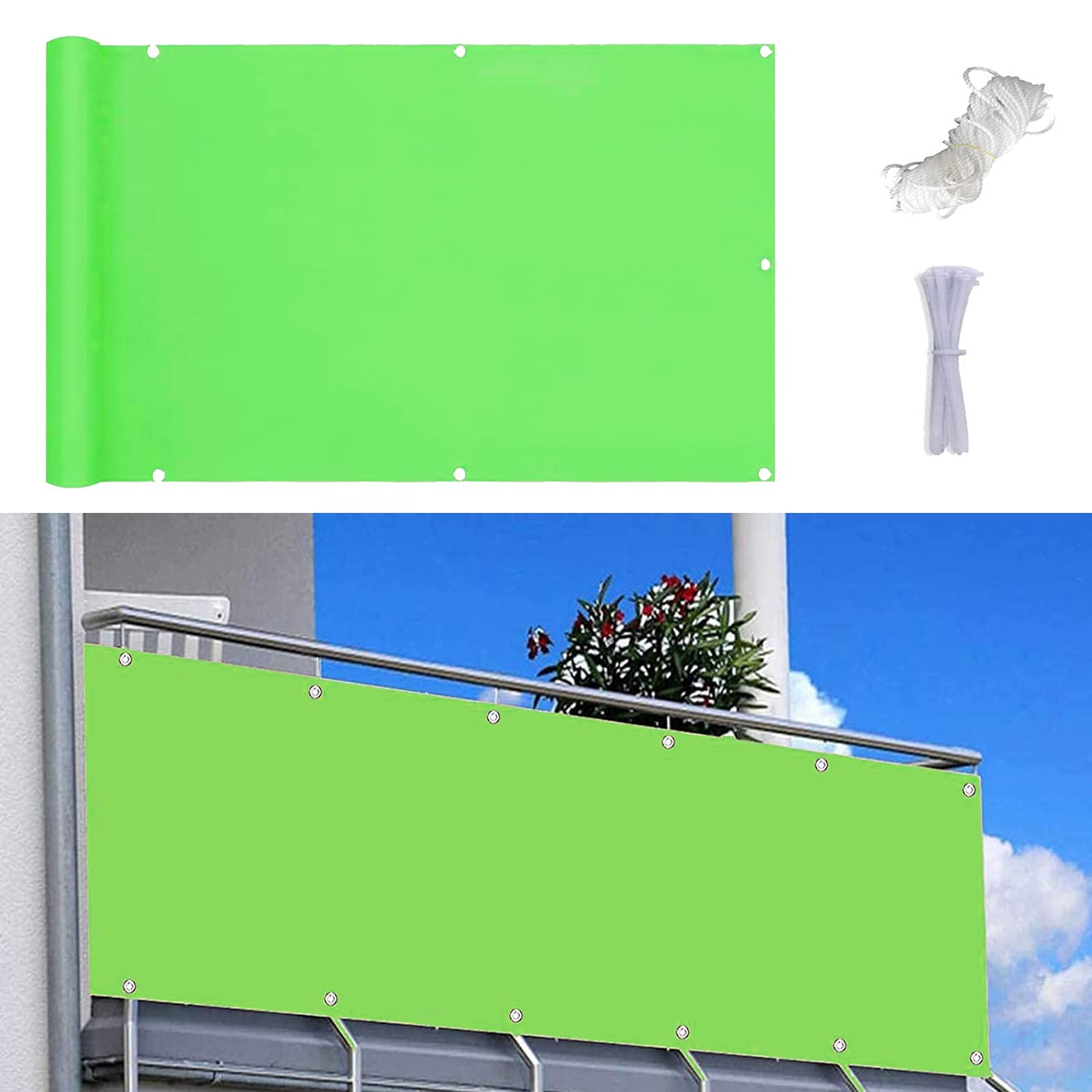Pantalla para Balcón Jardín Protección 0.8x10m Cortina de Privacidad de Balcón con Cuerda y Bridas para Jardines y terrazas, Verde