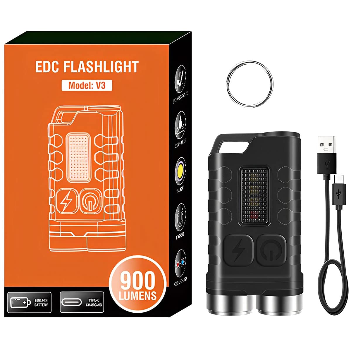 V3 Small Powerful Torch 900LM 500mAh Small LED Flashlight with Red UV Blue Light IP65 Waterproof Pocket Work Light Type C Rechargeable Handheld Flashlight with 2 XPG for Outdoor(Black)