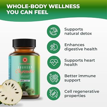 Soursop Capsules 7000 mg with Black Seed, Irish Moss & Moringa, Gut Health & Daily Cleanse Support, Non-GMO, Vegan, 60 Capsules