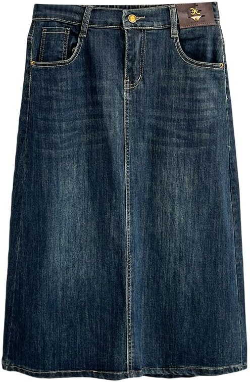 4946#XY222 Women's Denim Skirt, Dark Blue Wash, A-Line Midi Length with Pockets and Back Slit