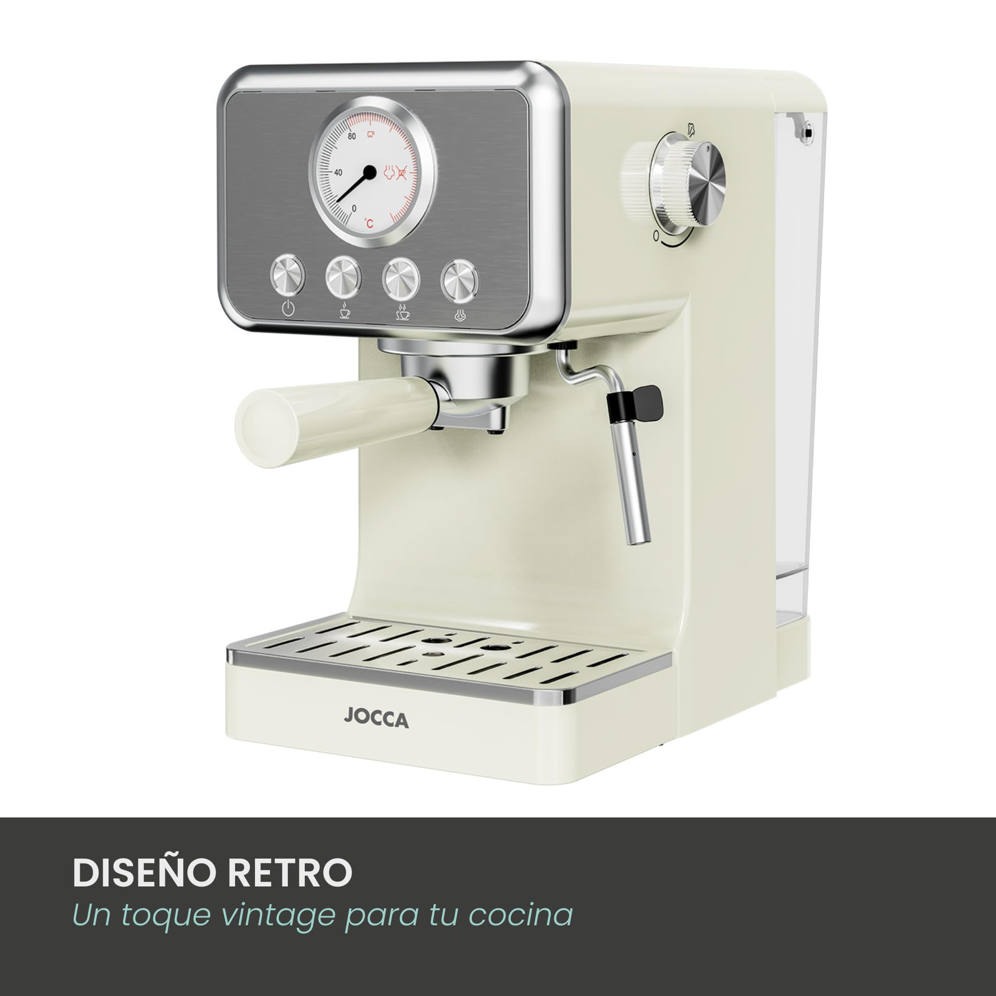 Jocca - Cafetera Espresso Retro | 15 Bar de Presión | Depósito de Agua Extraíble 1,7L | Filtro para 1-2 Tazas (40/80ml) | Bandeja de Goteo Extraíble | Protección contra Sobrecalentamiento | 1400W