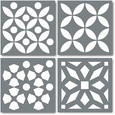 Pack of 4 Tile Stencil Set (8 x 8 inches), Moroccan Pattern, Reusable Stencils for Painting Floors/Walls/Furniture, Fits 8” x 8” Tiles, DIY Mandala Mosaic Home Decor, Made in USA