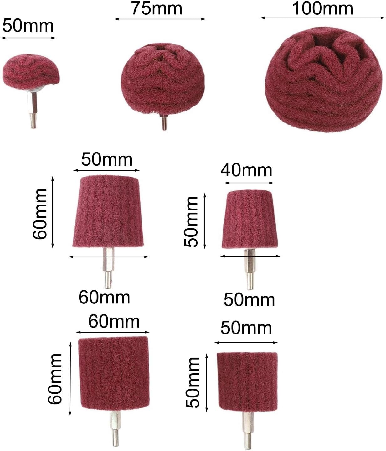 7-Piece Mushroom-Shaped Nylon Polishing Wheels Set for Rust Removal and Metal Polishing, 320 Mesh, 50mm/75mm/100mm Outer Diameter, 6.35mm Shaft
