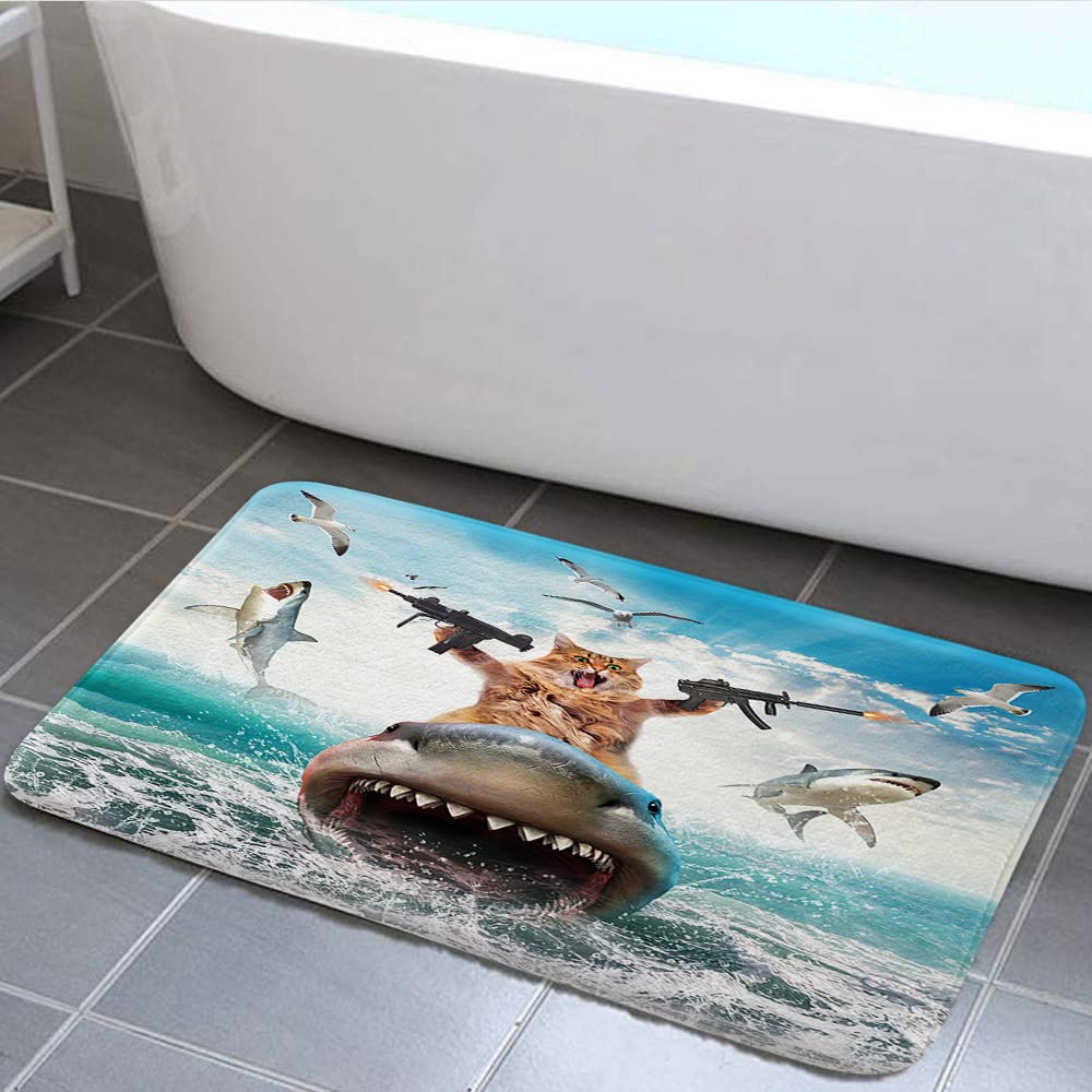 Grtuspr Funny Bath Rug, Farmhouse Cat Rugs for Bathroom, Funny Cat Riding Shark on Blue Ocean Fast Drying Non-Slip Bathroom Floor Rugs,Rustic Wooden