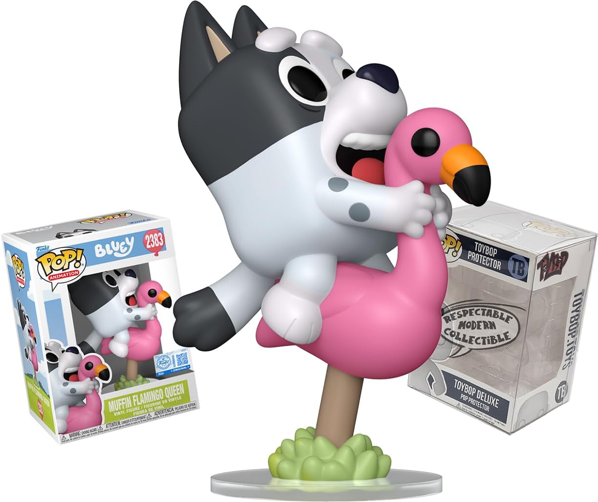Funko Exclusive Bluey Muffin Flamingo Queen Dog + ToyBop Pop Protector