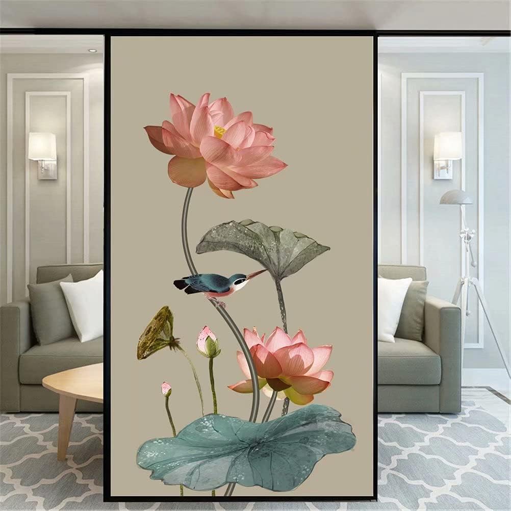 Beautiful Lotus Flowers Decorative Window Film Privacy Non Adhesive Frosted Glass Door Window Covering Window Decals Window Sticker for Home Office 65x190cm(25.6"x74.8")