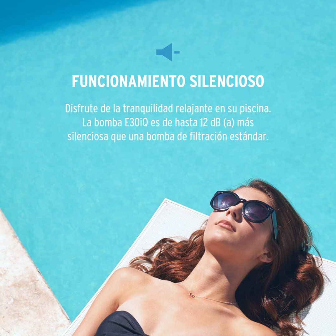 Zodiac E30 iQ 100 bomba de velocidad variable, recomendada para piscinas de hasta 80 m3, alta eficiencia energética en la filtración. Ahorra energía, silenciosa (-12dB) y control mediante una App
