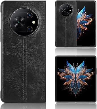 Case Compatible with Tecno Phantom V Fold,Compatible with Tecno Phantom V Fold 5G AD10 [PU Leather Texture][PU+PC+TPU] 3 in 1 Camera Protection Cover Black
