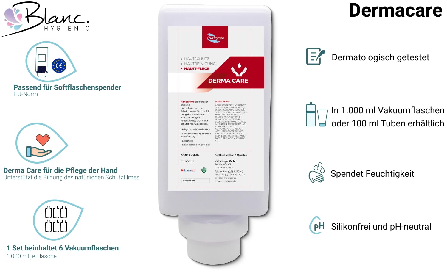 Derma Care Handcreme 6x1 Liter | Derma Care Handcreme für beanspruchte Haut, pH-neutral, silikonfrei und dermatologisch getestet