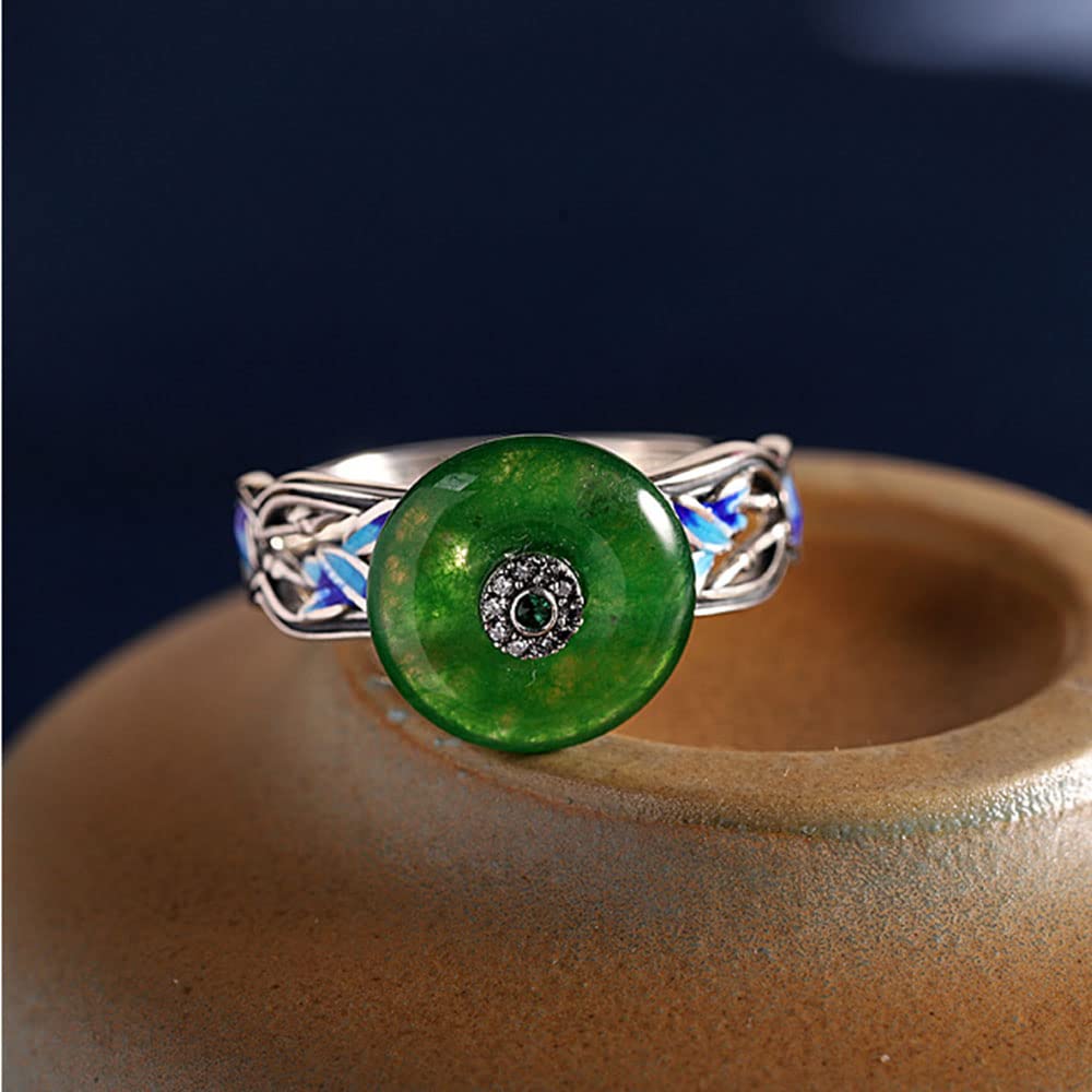 S925 Sterling Silber Green Jade Circle Ring Asian Style Rundes Glück Amulett Ring Charmanter Glück Schmuck für Frauen Mädchen