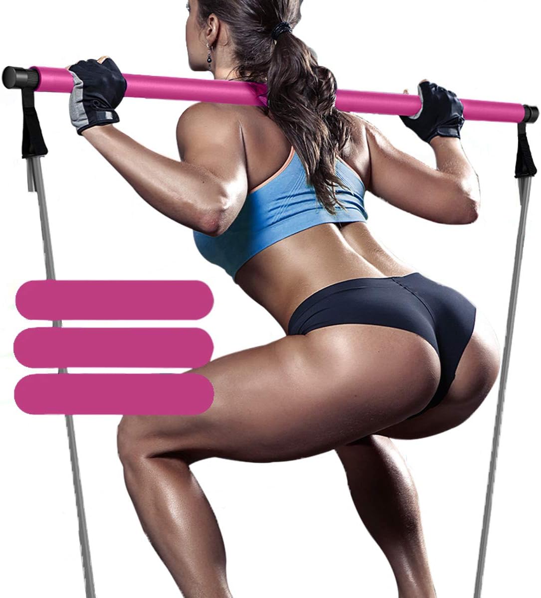 Harkkey Pilates Bar Kit, Portable Yoga Exercise Resistance Band Exercise, Muscle Toning Bar Home Fitness Resistance Training Gym Stretch with Foot Loop for Total Body Workout (Pink 1)