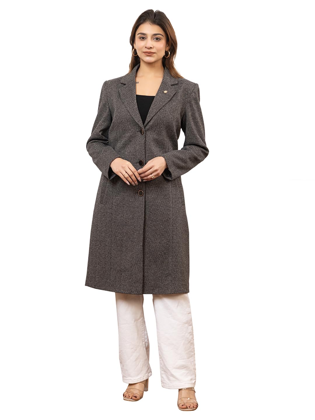 twenty me Women's Elegant Single Breasted Tweed fabric Longline Coat | Classic Notch Lapel Coat (New 4395)-picture-33