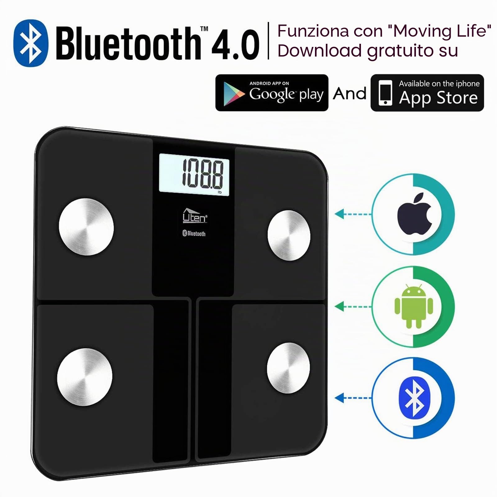 Uten Ricarica USB Bilancia Digitale, Bluetooth Pesapersone Bilancia Wireless Professionale Bilancia iOS Android per Dati Grasso Corporeo, Massa Muscolare, Metabolismo Basale, Massa Ossea