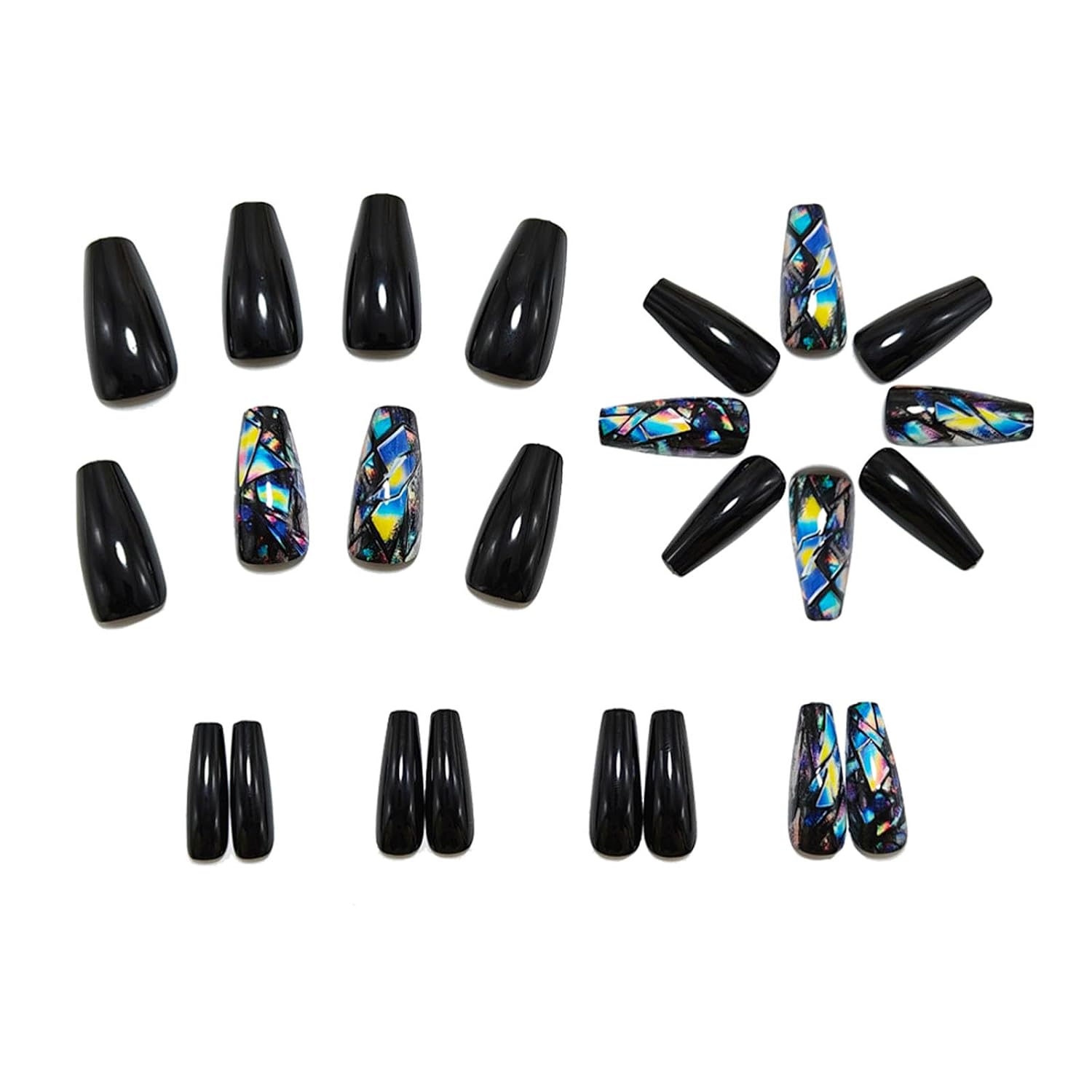 Medium Press on Nails Coffin Fake Nails with Blue Yellow Lines Designs Glossy Nails Press ons Black Full Cover Glue on Nails Acrylic Artificial Stick on Nails for Women 24Pcs