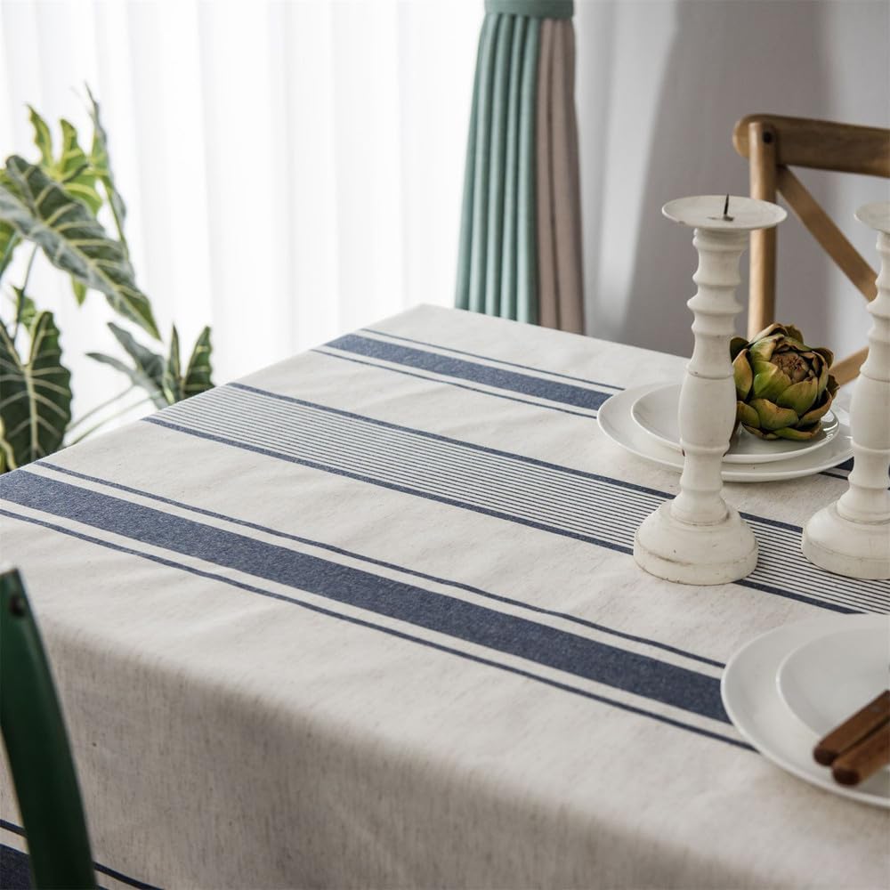 Mantel de Lino y algodón de Estilo Rural con diseño de líneas Azules, para decoración de Cocina, Bodas, comedores, Azul Marino, 140 x 180 cm