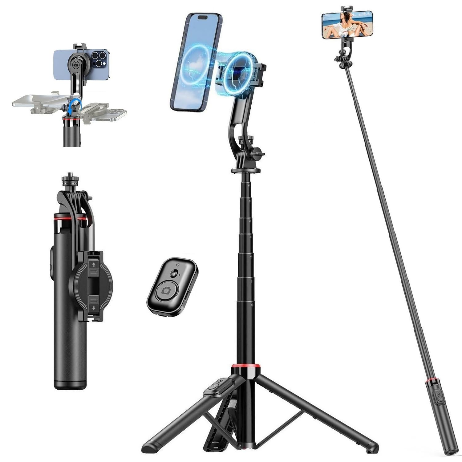 Treppiede magnetico per cellulare, treppiede per selfie con telecomando, supporto estensibile per telefono cellulare, treppiede magnetico estensibile per selfie stick, per iPhone e telefoni Android
