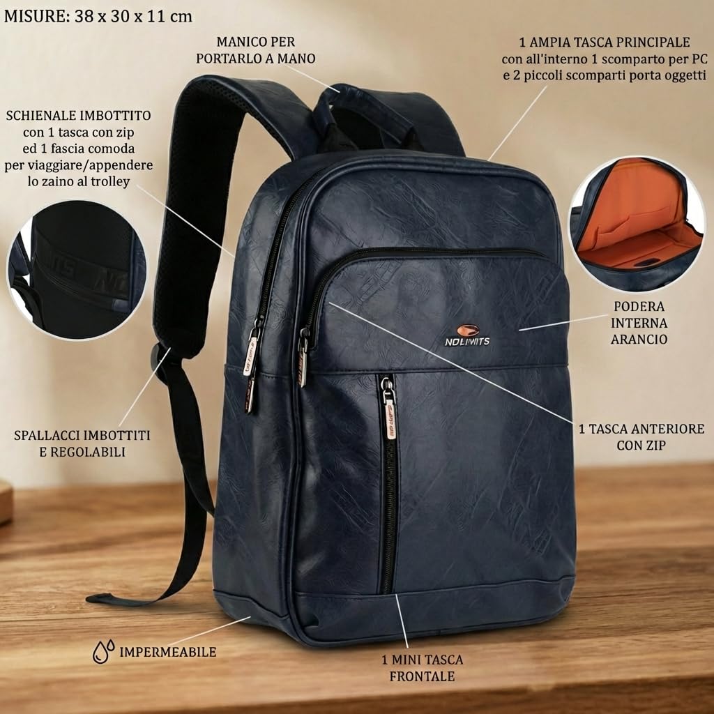 No Limits Zaino Porta PC/Laptop Uomo e Donna in PU, Impermeabile con Fodera Arancione, Ideale per Ufficio, Università e Viaggio, Blu