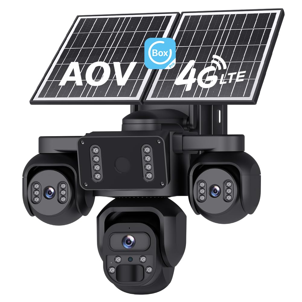 Shiwojia Black 24/7 Recording Aov 4G Lte Solar Security Camera Outdoor, Three-Lens, 360° Ptz 9Mp Camera 4G, Wireless Battery Cctv With Motion Detection, Light Siren Instant App Alert, Ip66 Waterproof,
