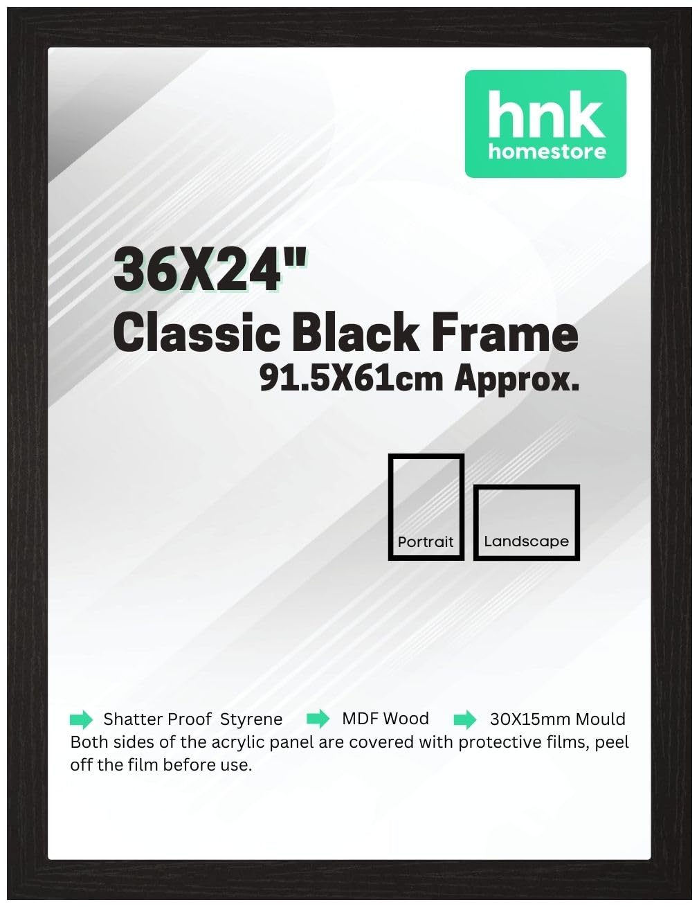 HNK Homestore Classic Poster Frame, 36X24" Black, Wood Finish, Portrait/Landscape, 91.5X61cm Maxi Poster Size