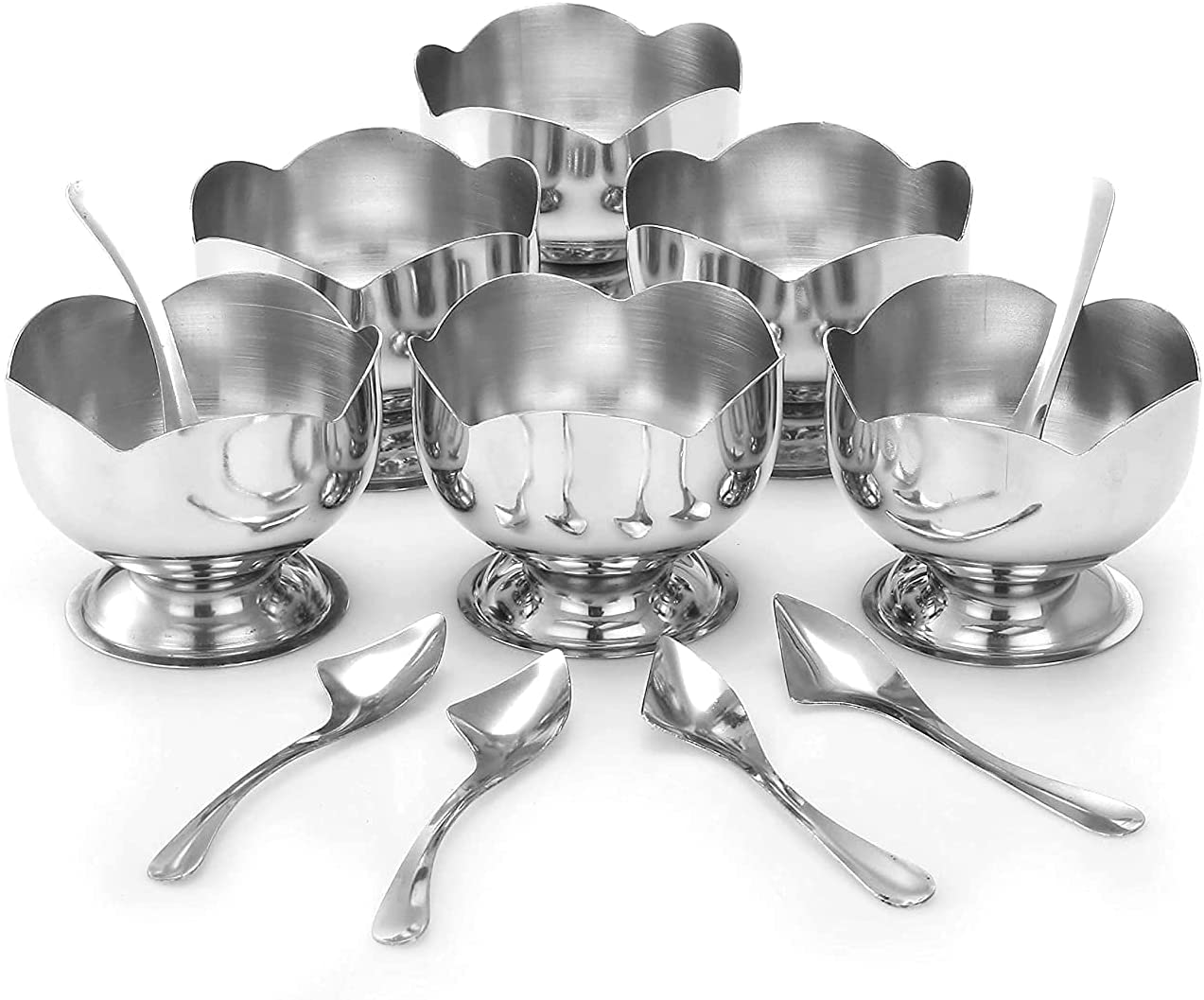 Stainless Steel Cut Design Dessert Cups & Serving Bowl for Ice Cream/Salad/Fruit/Pudding with Spoon, Flower Shape, Set of 6-150 ML | Made in India
